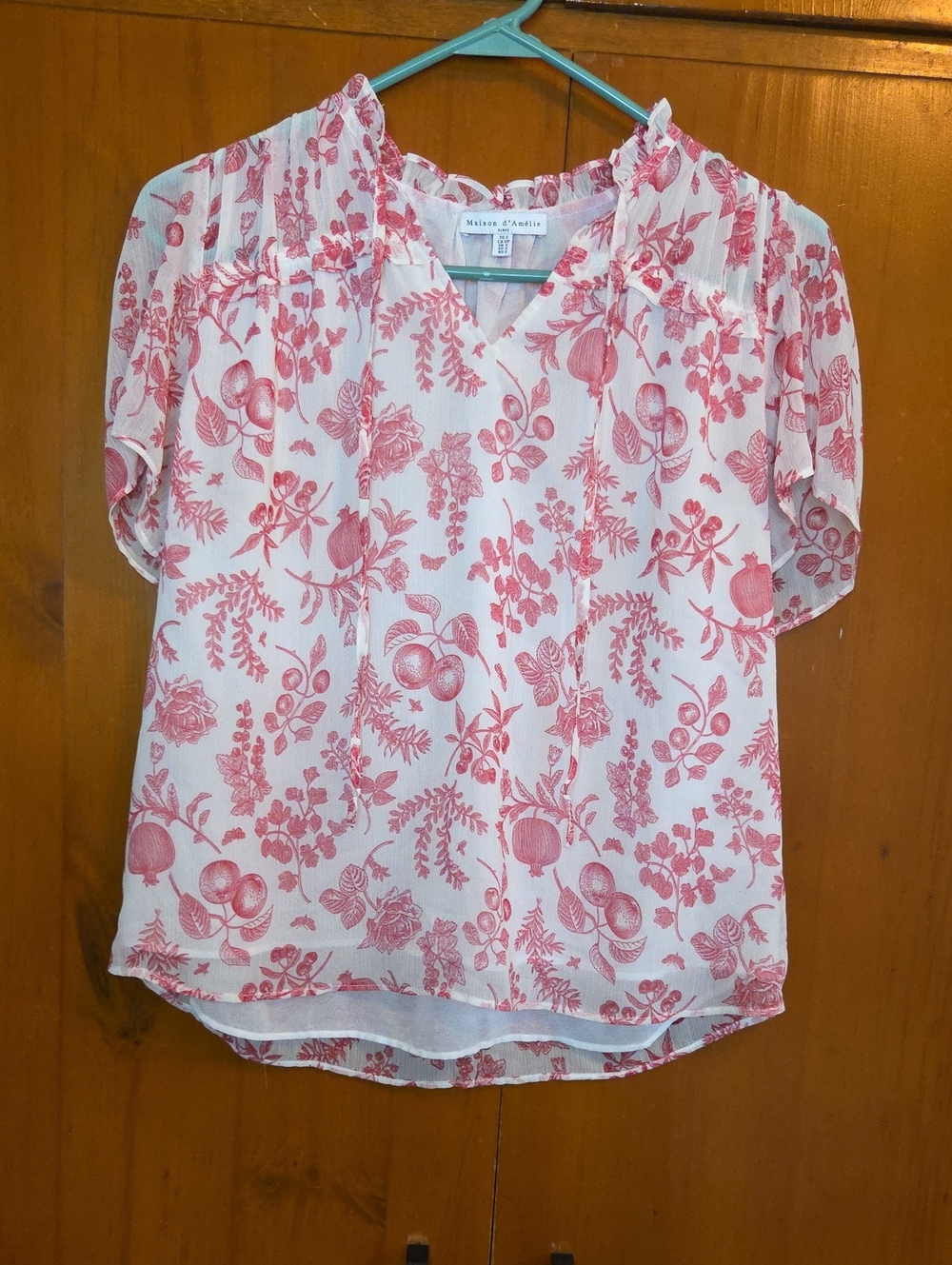 Maison D'Amelie Cream Blouse with Rose-Pink Botanical Print Fully Lined